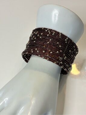 Source Unknown Brown Seed Bead Multi-Strand Cuff with Silver Beads